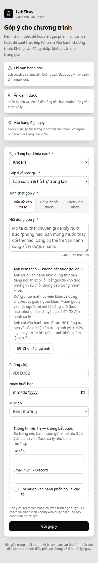 Trang góp ý LabFlow trên điện thoại, form chưa được gửi.